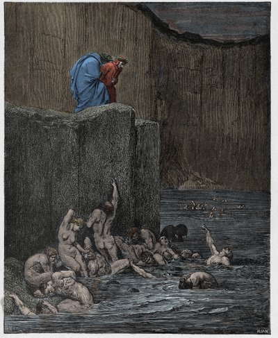 इन्फर्नो, कैंटो 18: आठवें घेरे में परमारों और चापलूसी करने वालों, दांते अलघिएरी द्वारा "द डिवाइन कॉमेडी", 1885 से चित्रण द्वारा गुस्ताव डोर
