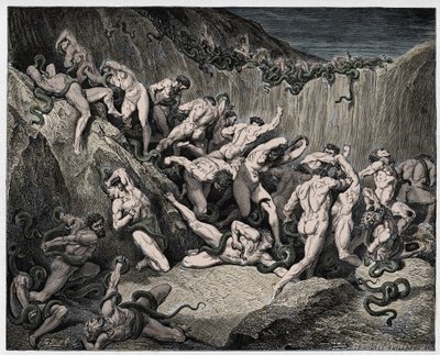 इन्फर्नो, कैंटो 24: चोरों को नागों द्वारा प्रताड़ित किया गया, दांते एलघिएरी द्वारा "द डिवाइन कॉमेडी", 1885 द्वारा गुस्ताव डोर