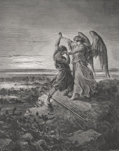 याकूब, एन्जिल के साथ कुश्ती, उत्पत्ति 32: 24-32, डोर की &39;द होली बाइबल&39; का चित्रण, लाप्लांटे द्वारा उत्कीर्ण, 1866 द्वारा गुस्ताव डोर