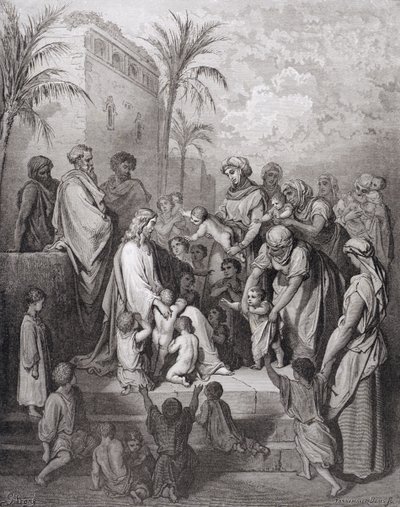 स्टीफन पैनेमेकर (1847-1930) c.1868 द्वारा उत्कीर्ण यीशु ब्लेसिंग द चिल्ड्रन द्वारा गुस्ताव डोर
