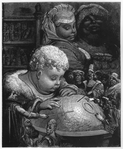 L'education de Gargantua - The Education of Gargantua - फ्रेंकोइस रबेलैस द्वारा 'गारगंटुआ और पेंटाग्रुएल' से चित्रण - गुस्ताव डोरे द्वारा उत्कीर्णन (1832-1883) द्वारा गुस्ताव डोर