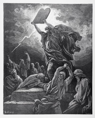 मूसा ने लॉइन की गोलियां तोड़कर, होटलिन द्वारा उत्कीर्ण, c.1868 द्वारा Gustave Dore