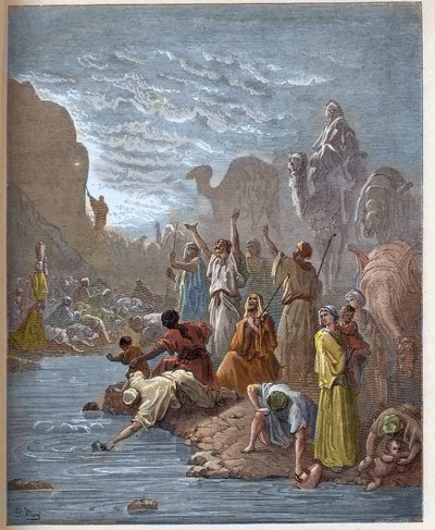 मूसा चट्टान से पानी निकालता है - Moise fait l'eau du Rock, dans le Desert - Book of Exodus (बाइबल) - गुस्ताव डोर (1832-1883) द्वारा "" द बाइबल इलस्ट्र्री" में उत्कीर्णन - "" से उत्कीर्णन डोर बाइबिल ”” द्वारा गुस्ताव डोर