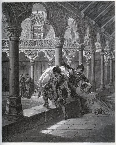 डॉन फर्नांड का पाठ; वह लुसिंडे को उस कॉन्वेंट से ले जाता है जहां उसने शरण ली थी - मिगुएल सर्वेंट्स (1547-1616) (डॉन क्विक्सोट) द्वारा "डॉन क्विक्सोट डे ला मंच" से - गुस्ताव डोर द्वारा ड्राइंग के बाद वुडकट द्वारा गुस्ताव डोर