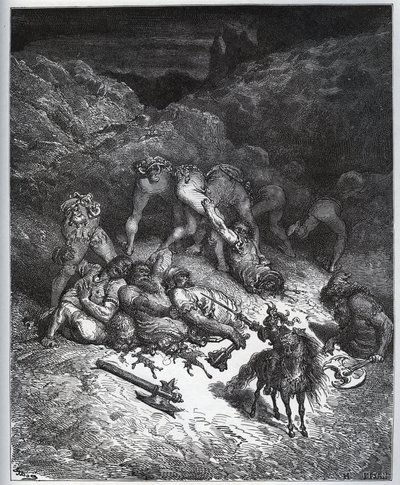 मिगुएल सर्वेंट्स (1547-1616) (डॉन क्विक्सोट) द्वारा "" डॉन क्विक्सोट डे ला मंच"" से डेस फीट्स डी फेलिक्स-मार्स डी'हिरकेनिया - गुस्ताव डोर द्वारा ड्राइंग के बाद वुडकट का पाठ करें द्वारा गुस्ताव डोर
