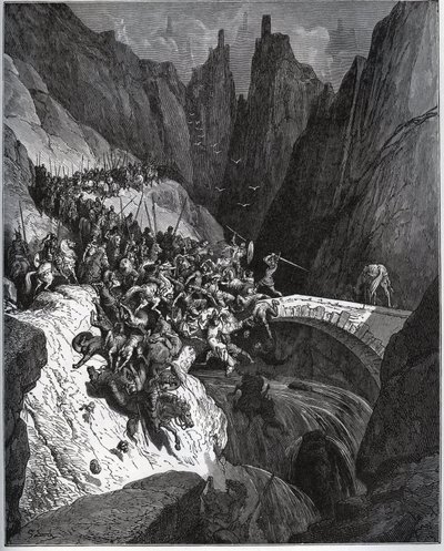मिगुएल सर्वेंट्स (1547-1616) (डॉन क्विक्सोट) द्वारा "डॉन क्विक्सोट डे ला मांचा" से रेकिट डेस फीट्स डु शेवेलियर डिएगो गार्सिया डी परेडेस - गुस्ताव डोर द्वारा ड्राइंग के बाद वुडकट द्वारा गुस्ताव डोर