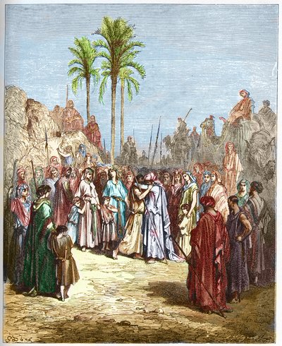 जैकब और एसाव के बीच सुलह - जैकब और एसाव जेनिस का सुलह, XXXIII, 4 - - गुस्ताव डोर (1832-1883) द्वारा "" द बाइबिल इलस्ट्रेशन "से उत्कीर्णन - "" द डोर बाइबिल "" से उत्कीर्णन द्वारा गुस्ताव डोर