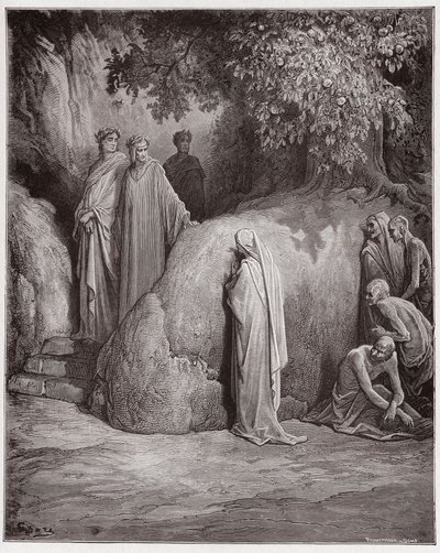 द डिवाइन कॉमेडी (ला डिविना कॉमेडिया, ला डिवाइन कॉमेडी), पुर्गाटोरियो, कैंटो 23: दांते ने ग्लूटन के बीच फॉरेस की छाया को पहचान लिया - दांते अलीघिएरी द्वारा (1265-1321) - गुस्ताव डोर द्वारा चित्रण (1832-1883) द्वारा गुस्ताव डोर