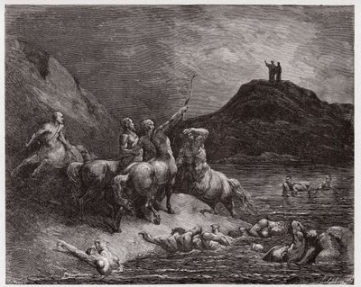 द डिवाइन कॉमेडी (ला डिविना कॉमेडिया, ला डिवाइन कॉमेडी), इन्फर्नो, कैंटो 12: नेसस एंड द सेंटॉर्स - दांते अलीघिएरी द्वारा (1265-1321) - गुस्ताव डोरे द्वारा चित्रण (1832-1883) द्वारा गुस्ताव डोर