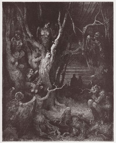 द डिवाइन कॉमेडी (ला डिविना कॉमेडिया, ला डिवाइन कॉमेडी), इन्फर्नो, कैंटो 13: द हार्पीज़ इन द फ़ॉरेस्ट ऑफ़ सुसाइड्स - दांते अलीघिएरी द्वारा (1265-1321) - गुस्ताव डोरे द्वारा चित्रण (1832-1883) द्वारा गुस्ताव डोर
