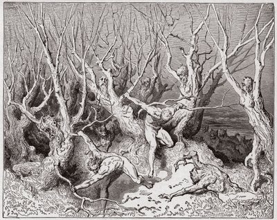 द डिवाइन कॉमेडी (ला डिविना कॉमेडिया, ला डिवाइन कॉमेडी), इन्फर्नो, कैंटो 13: द सुसाइड्स फ्ली द फॉरेस्ट - दांते अलीघिएरी द्वारा (1265-1321) - गुस्ताव डोरे द्वारा चित्रण (1832-1883) द्वारा गुस्ताव डोर