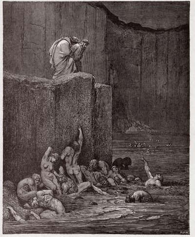 द डिवाइन कॉमेडी (ला डिविना कॉमेडिया, ला डिवाइन कॉमेडी), इन्फर्नो, कैंटो 18: आठवें सर्कल में परमोर्स और चापलूसी करने वाले - दांते अलीघिएरी द्वारा (1265-1321) - गुस्ताव डोरे द्वारा चित्रण (1832-1883) द्वारा Gustave Dore
