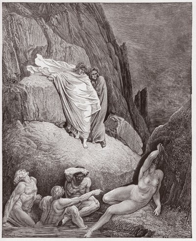 द डिवाइन कॉमेडी (ला डिविना कॉमेडिया, ला डिवाइन कॉमेडी), इन्फर्नो, कैंटो 18: वर्जिल दांते को थाई की छाया दिखाता है - दांते अलीघिएरी द्वारा (1265-1321) - गुस्ताव डोरे द्वारा चित्रण (1832-1883) द्वारा गुस्ताव डोर