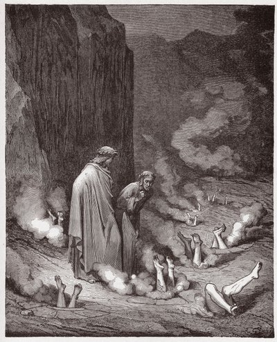 द डिवाइन कॉमेडी (ला डिविना कॉमेडिया, ला डिवाइन कॉमेडी), इन्फर्नो, कैंटो 19: दांते ने चौथे बोलगिया में पोप निकोलस III को फटकार लगाई - दांते अलीघिएरी द्वारा (1265-1321) - गुस्ताव डोरे द्वारा चित्रण (1832-1883) द्वारा गुस्ताव डोर