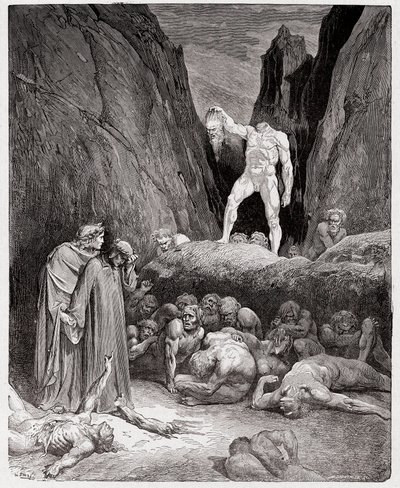 द डिवाइन कॉमेडी (ला डिविना कॉमेडिया, ला डिवाइन कॉमेडी), इन्फर्नो, कैंटो 28: बर्ट्रेंड डी बॉर्न का कटा हुआ सिर दांते से बोलता है - दांते अलीघिएरी द्वारा (1265-1321) - गुस्ताव डोर द्वारा चित्रण (1832-1883) द्वारा गुस्ताव डोर
