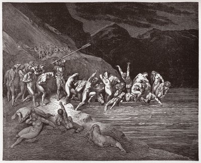 द डिवाइन कॉमेडी (ला डिविना कॉमेडिया, ला डिवाइन कॉमेडी), इन्फर्नो, कैंटो ३: द डूम्ड सोल्स एचेरॉन को पार करने के लिए तैयार हैं - दांते अलीघिएरी द्वारा (१२६५-१३२१) - गुस्ताव डोरे द्वारा चित्रण (१८३२-१८८३) द्वारा गुस्ताव डोर