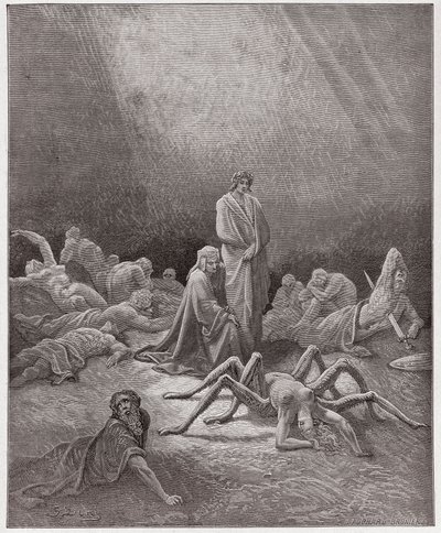 द डिवाइन कॉमेडी (ला डिविना कॉमेडिया, ला डिवाइन कॉमेडी), पुर्गाटोरियो, कैंटो 12: दांते ने अरचन की आत्मा को देखा - दांते अलीघिएरी द्वारा (1265-1321) - गुस्ताव डोरे द्वारा चित्रण (1832-1883) द्वारा गुस्ताव डोर