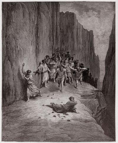 द डिवाइन कॉमेडी (ला डिविना कॉमेडिया, ला डिवाइन कॉमेडी), पुर्गाटोरियो, कैंटो 15: दांते की स्टोनिंग ऑफ स्टीफन की दृष्टि - दांते अलीघिएरी द्वारा (1265-1321) - गुस्ताव डोरे द्वारा चित्रण (1832-1883) द्वारा गुस्ताव डोर