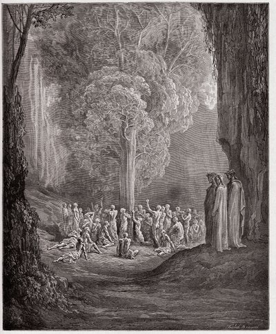 द डिवाइन कॉमेडी (ला डिविना कॉमेडिया, ला डिवाइन कॉमेडी), पुर्गाटोरियो, कैंटो 24: द ग्लूटोनस सोल्स क्राइइंग आउट ट्री द ट्री नीचे - दांते एलघिएरी द्वारा (1265-1321) - गुस्ताव डोरे द्वारा चित्रण (1832-1883) द्वारा गुस्ताव डोर