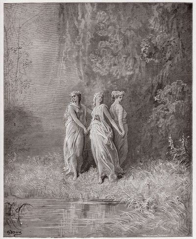 द डिवाइन कॉमेडी (ला डिविना कॉमेडिया, ला डिवाइन कॉमेडी), पुर्गाटोरियो, कैंटो 29: चैरिटी, होप, एंड फेथ - दांते अलीघिएरी द्वारा (1265-1321) - गुस्ताव डोरे द्वारा चित्रण (1832-1883) द्वारा गुस्ताव डोर