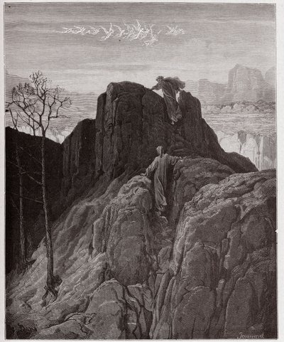 द डिवाइन कॉमेडी (ला डिविना कॉमेडिया, ला डिवाइन कॉमेडी), पुर्गाटोरियो, कैंटो 4: वर्जिल दांते को ऊबड़-खाबड़ पहाड़ी पर ले जाता है - दांते अलीघिएरी द्वारा (1265-1321) - गुस्ताव डोरे द्वारा चित्रण (1832-1883) द्वारा गुस्ताव डोर