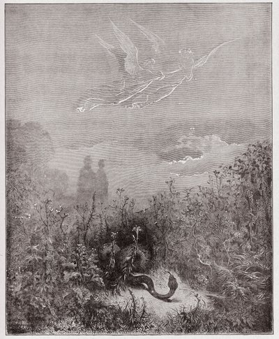 द डिवाइन कॉमेडी (ला डिविना कॉमेडिया, ला डिवाइन कॉमेडी), पुर्गाटोरियो, कैंटो 8: द एंजल्स ड्राइव द सर्प अवे - डांटे एलघिएरी द्वारा (1265-1321) - गुस्ताव डोरे द्वारा चित्रण (1832-1883) द्वारा गुस्ताव डोर