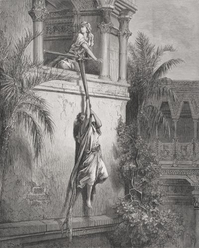 द एस्केप ऑफ द विंडो के माध्यम से, डोर की &39;द होली बाइबल&39;, 1866 से चित्रण द्वारा गुस्ताव डोर