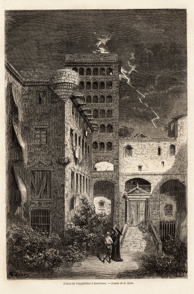 1862 में सी. डेविलियर के साथ स्पेन की अपनी यात्रा का वर्णन करने के लिए गुस्ताव डोर (1832-1883) द्वारा चित्रित बार्सिलोना में न्यायिक जांच जेल। एडौर्ड चार्टन द्वारा संपादित "" ले टूर डू मोंडे "" में उत्कीर्णन द्वारा गुस्ताव डोर