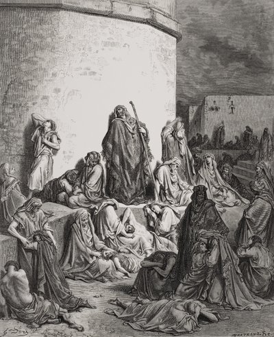 यरूशलेम के खंडहर पर विलाप करते हुए लोग, विलापगीत 1: 1-2 डोर की &39;द होली बाइबल&39; का चित्रण, ए। बर्ट्रेंड 1866 द्वारा उकेरा द्वारा गुस्ताव डोर