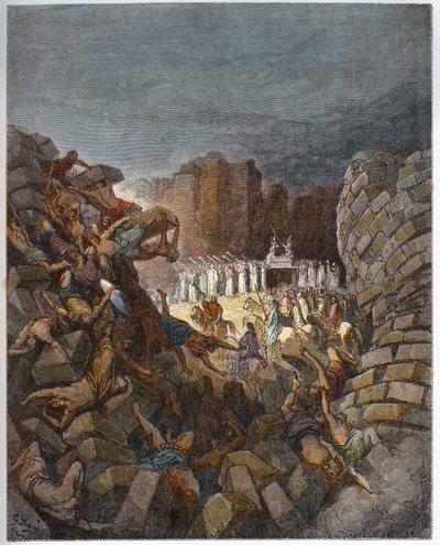 जेरिको की दीवारें नीचे गिर रही हैं - जेरिको की दीवारों का पतन - - गुस्ताव डोर (1832-1883) द्वारा "" बाइबिल चित्रण "में उत्कीर्णन -" "द डोर बाइबिल" से उत्कीर्णन द्वारा गुस्ताव डोर