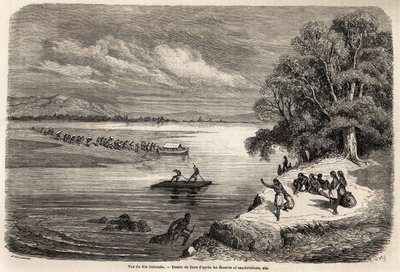 1853-54 में बाउडौइन मोलहौसेन (1825-1905) द्वारा प्रशांत महासागर में मिसिसिपी की यात्रा को चित्रित करने के लिए, गुस्ताव डोर (1832-1883) द्वारा चित्रित, कुछ मोहवे भारतीयों के साथ, कोलोराडो नदी को पार करना। "" ले टूर डू में उत्कीर्णन द्वारा गुस्ताव डोर