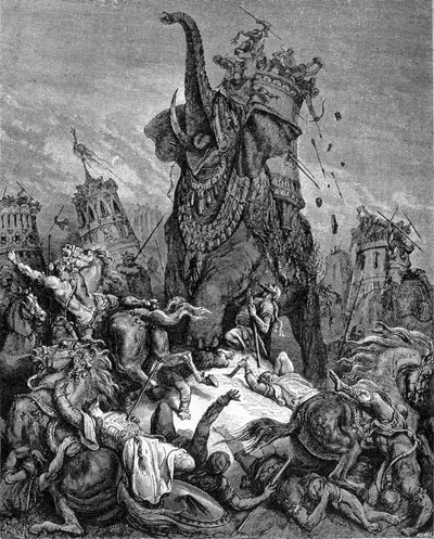 एंटिओकोस IV एपिफेन (175-164 ईसा पूर्व) के शासन के तहत, जूडस मैकाबी के युवा भाई, एलीज़र मैकाबी (मैकाबी या मैकाबी) की मृत्यु। उसे हाथी ने कुचल दिया है। गुस्ताव डोर द्वारा सचित्र "बाइबल"। 19वीं सदी की नक्काशी। द्वारा गुस्ताव डोर