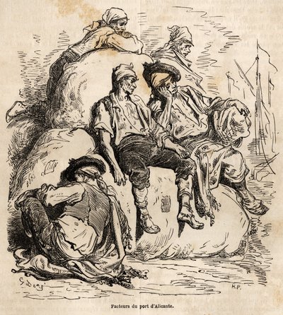 एलिकांटे के बंदरगाह के वाहकों की झपकी, गुस्ताव डोर (1832-1883) के जीवंत पर बने स्केच, 1862 में स्पेन की अपनी यात्रा को स्पष्ट करने के लिए, Ch के साथ। डेविलियर। एडौर्ड चार्टन द्वारा संपादित "" ले टूर डू मोंडे "" में उत्कीर्णन द्वारा गुस्ताव डोर