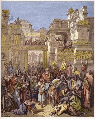 मर्दोची की विजय (या मोर्दखाई या मोर्दकै) - मोर्दकै की विजय - - गुस्ताव डोर (1832-1883) द्वारा "" द बाइबिल इलस्ट्रेशन "" में उत्कीर्णन - "" द डोर बाइबिल "" से उत्कीर्णन द्वारा गुस्ताव डोर