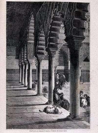 सेविले में अलकज़ार के बड़े आँगन का दृश्य - डोरे द्वारा, "" टूर डू मोंडे"" में, दूसरा सेम। १८६६. द्वारा गुस्ताव डोर