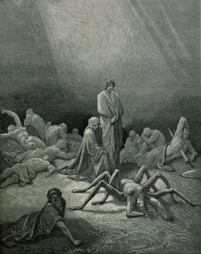 विर्गिल (70-19 ई.पू.) और डांटे ने मकड़ी वाली महिला को देखा, दांते अल्जीयरी (1265-1321) पेरिस द्वारा &39;द डिवाइन कॉमेडी&39; (इन्फर्नो), 1885 से प्रकाशित द्वारा गुस्ताव डोर