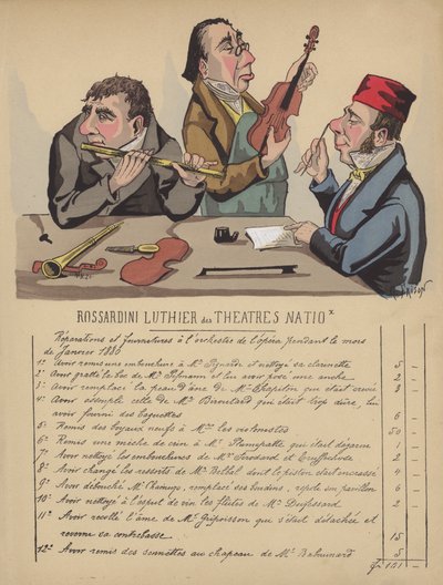 ओपेरा के ऑर्केस्ट्रा के लिए संगीत वाद्ययंत्रों का बिल (रंगीन लिथो) द्वारा गुस्ताव फ्रिसन