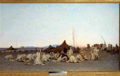 सहारा रेगिस्तान विस्तार में शाम की प्रार्थना। गुस्ताव अकिल गिलौमेट (1840-1887) 1863 सन द्वारा पेंटिंग। 1,3x2,8 मीटर। पेरिस, मुसी डी'ऑर्से - सहारा में शाम की प्रार्थना। विवरण। गुस्ताव अकिल गिलाउमेट द्वारा चित्रकारी (1840-1887) द्वारा गुस्ताव गुइलौमेट