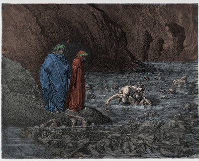 इन्फर्नो, कैंटो 32: युगोलिनो (घेरार्डेस्का द्वारा उगोलिन) आर्कबिशप रग्गीरी (रग्गारी उबलदीनी) के सिर पर कुल्हाड़ी मारना, 1885 में दांते अलघिएरी से द डिवाइन कॉमेडी का चित्रण (डिजिटल रूप से रंगीन) द्वारा डोर के बाद गुस्ताव