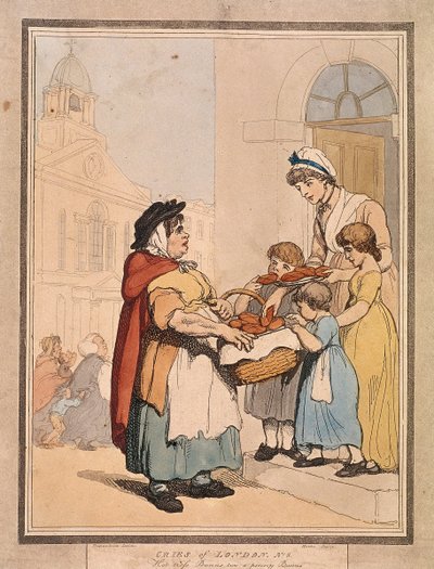 'हॉट क्रॉस बन्स टू ए पेनी बन्स', क्राइज ऑफ लंदन की प्लेट VIII, 1799 द्वारा एच नोटिस