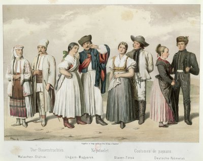 गैब्रियल डे प्रोनय, 1855 के &39;स्केचेस ऑफ द हंग्री पीपुल्स लाइफ&39; से किसानों (एल से आर) रोमानिया, हंगरी, स्लोवाकिया और जर्मनी के किसानों की वेशभूषा द्वारा एच। वीर