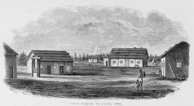 फोर्ट युकोन, जून 1867, विलियम एच। डेल द्वारा &39;अलास्का और उसके संसाधन&39; से, जॉन एंड्रयू द्वारा उत्कीर्ण, पब 1870 द्वारा एचडब्ल्यू, इलियट