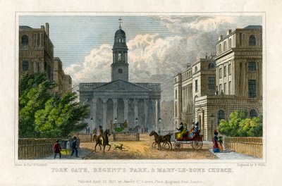 यॉर्क गेट, रीजेंट्स पार्क, और मैरी-ले-बोन चर्च, लंदन, 1827 द्वारा एच वालिस