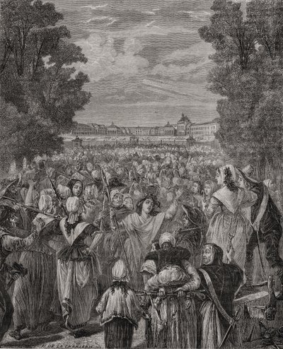 लुईस ब्लैंक (1811-82) &39;हिस्टोइरे डी ला रिवॉल्यूशन फ्रैंकेइस&39; से पन्नीरसेन-एलगैन द्वारा उत्कीर्ण, 5 वीं -6 अक्टूबर 1789 को वर्सेल्स में महिला मार्च द्वारा एच। डी ला चारलेरी