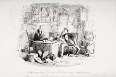 अटॉर्नी और क्लाइंट, भाग्य और अधीरता, चार्ल्स डिकेंस (1812-70) द्वारा &39;ब्लेक हाउस&39; से 1853 में प्रकाशित चित्रण (लिथो) द्वारा हबलोत नाइट ब्राउन