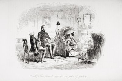 मिस्टर स्मॉलवीड ने शांति के पाइप को तोड़ दिया, चार्ल्स डिकेंस (1812-70) द्वारा &39;ब्लेक हाउस&39; से 1853 में प्रकाशित चित्रण द्वारा हबलोत नाइट ब्राउन