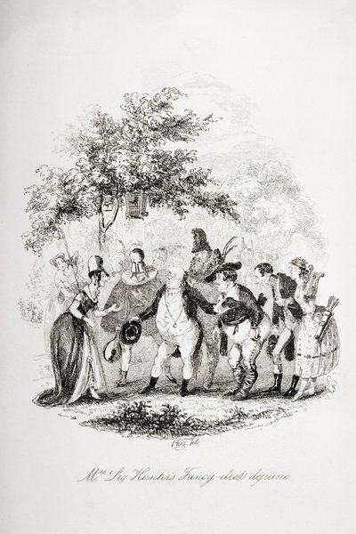 मिसेज लियो हंटर की फैंसी-ड्रेस डीजीन, चार्ल्स डिकेंस (1812-70) द्वारा `द पिकविक पेपर्स &39;का चित्रण 1837 प्रकाशित द्वारा हबलोत नाइट ब्राउन