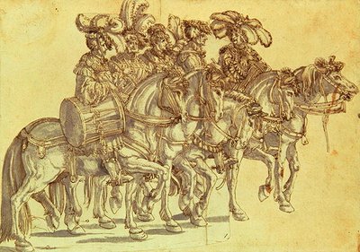 घोड़े की पीठ पर पांच ड्रमर, c.1500 (कलम और स्याही और कागज पर धोएं) द्वारा हंस बर्गकमेयर