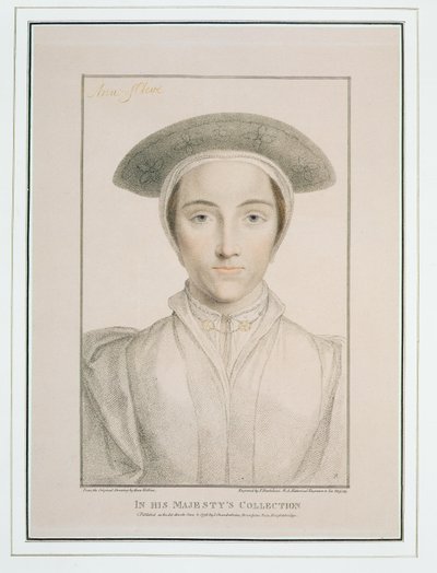 फ्रांसेस्को बार्टोलोजी (1727-1815) द्वारा उत्कीर्ण क्लीवेज की रानी ऐनी (1515-57) का चित्र 1796 में प्रकाशित द्वारा हंस होल्बिन द यंगर