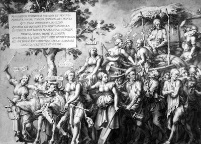 गरीबी की जीत, जन डे बिस्चॉप द्वारा खींची गई, c.1650 (कलम, कागज पर स्याही से धोना) द्वारा हंस होल्बिन द यंगर